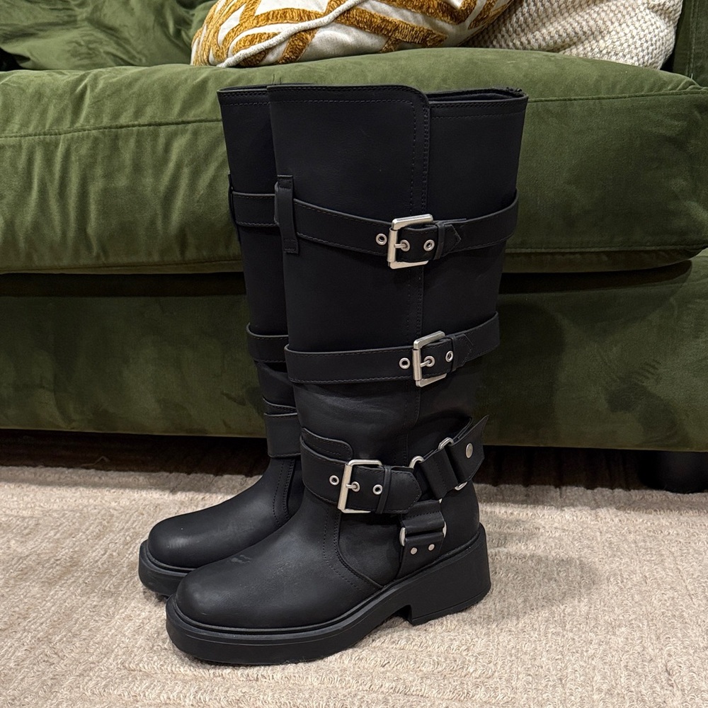 ASOS DESIGN Captain multi-buckle biker knee boots in black